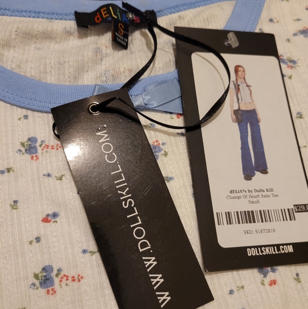 Delia's By Dolls Kill White Blue Pointelle Floral Tee - Picture 3 of 3